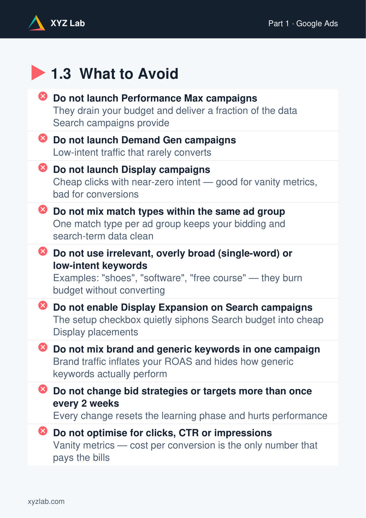 Playbook — What to Avoid in Google Ads